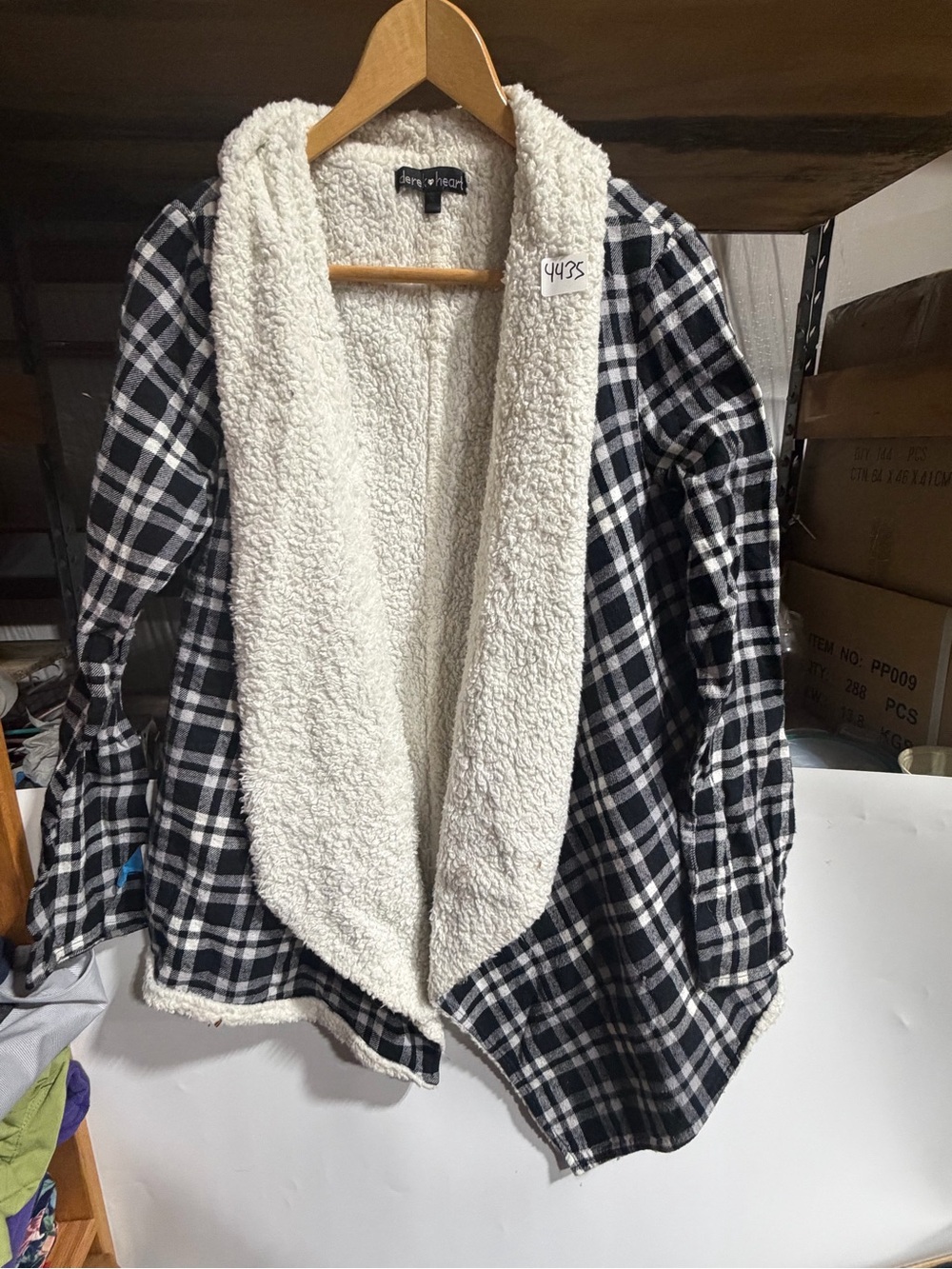 #4435-Derek Heart Black & White Plaid Teddy Jacket with Cream Sherpa
